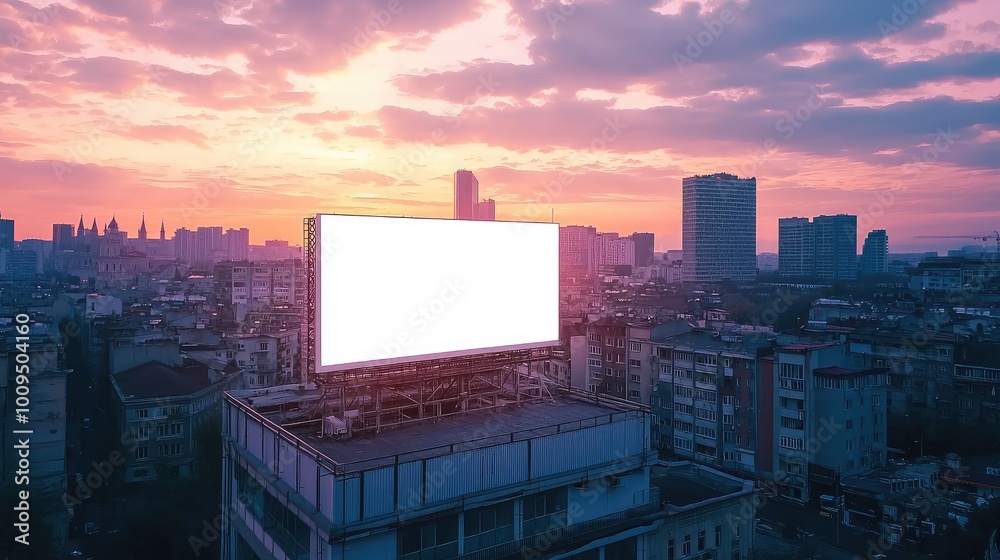 A stunning city skyline at sunset featuring a blank billboard, perfect for advertising or urban themes.
