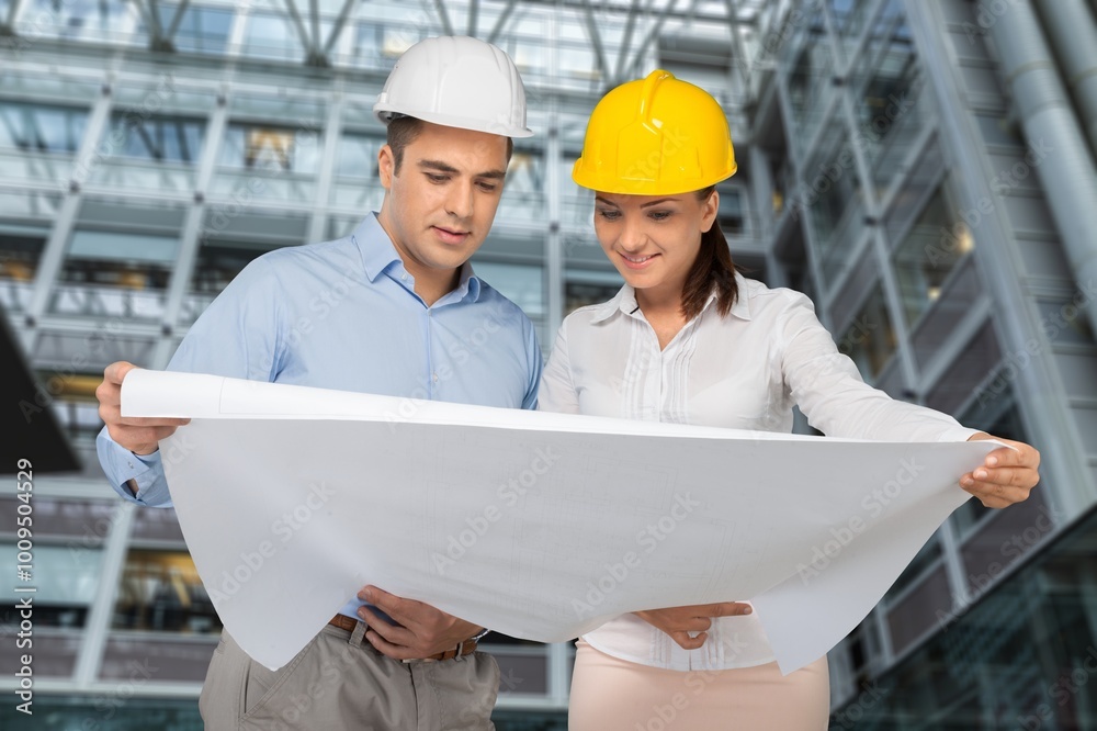 Engineering team on construction site for building project