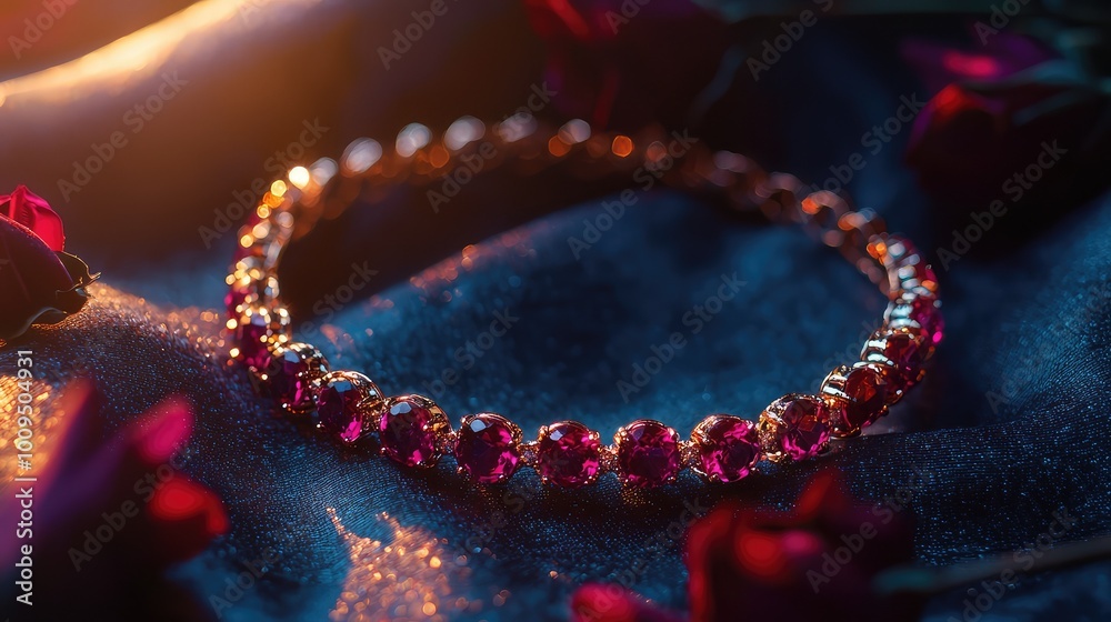 A stunning ruby bracelet resting on a soft fabric background, surrounded by delicate roses and warm lighting, perfect for elegance. A stunning ruby bracelet resting on a soft fabric background, surrounded by delicate roses and warm lighting, perfect for elegance.