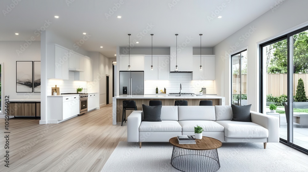 Fototapeta premium Living Room and Kitchen in New Luxury Home Features Open Concept Floor Plan