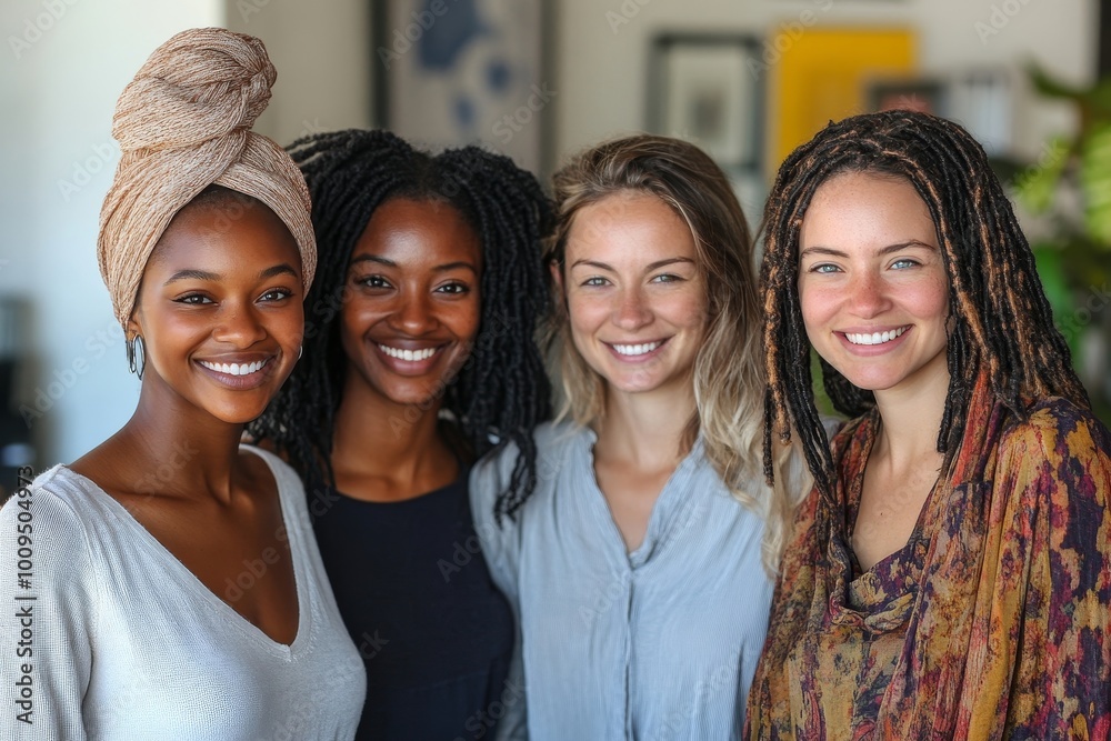Multiethnic female entrepreneurs smiling at the camera in an office, Generative AI Multiethnic female entrepreneurs smiling at the camera in an office, Generative AI