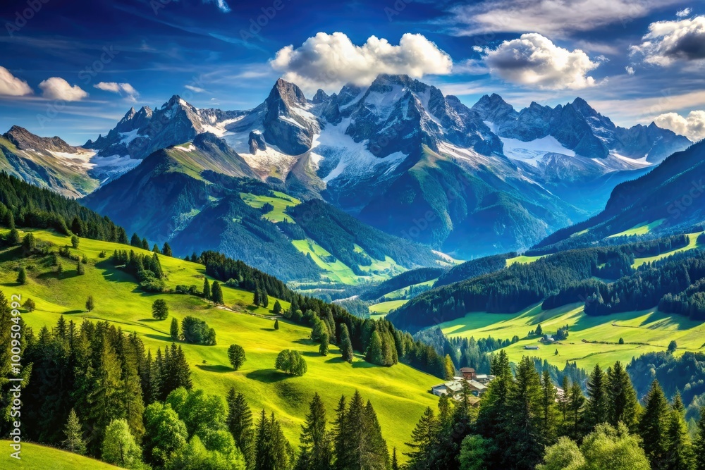 Breathtaking panorama of the majestic Alps under a brilliant blue sky, complemented by a vibrant green valley teeming with life and natural beauty. Breathtaking panorama of the majestic Alps under a brilliant blue sky, complemented by a vibrant green valley teeming with life and natural beauty.