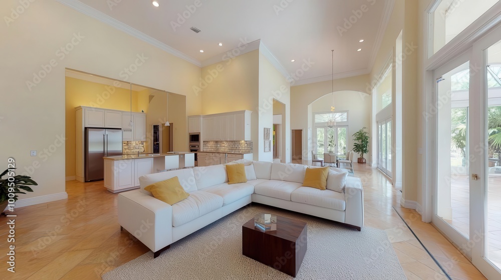 Fototapeta premium Stunning Panorama of Luxury Home Interior with Open Concept Floor Plan Shows Living Room, Dining Room, Kitchen