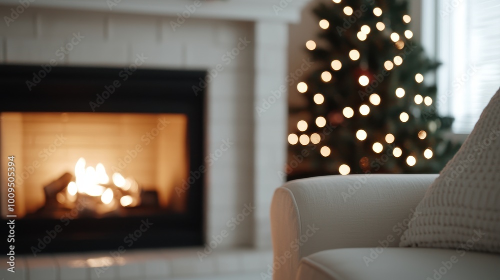 Cozy living room with a glowing fireplace and a beautifully decorated Christmas tree in the background. Cozy living room with a glowing fireplace and a beautifully decorated Christmas tree in the background.