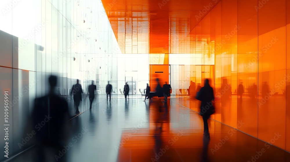 A blurry photograph of people walking in an office building with glass walls and an orange interior design, creating light-filled rooms A blurry photograph of people walking in an office building with glass walls and an orange interior design, creating light-filled rooms