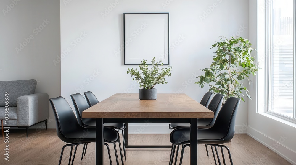 Open-concept dining area with a modern wooden table, sleek black chairs, and an artistic centerpiece, seamlessly blending into a chic living room setting Generative AI Open-concept dining area with a modern wooden table, sleek black chairs, and an artistic centerpiece, seamlessly blending into a chic living room setting Generative AI