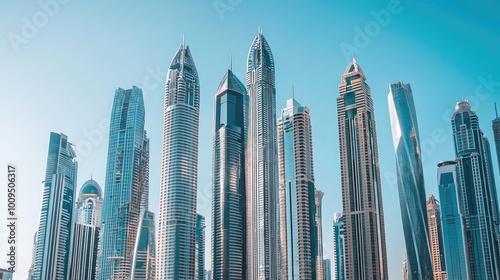 A stunning view of modern skyscrapers under a clear blue sky, showcasing urban architecture and innovation in the city.