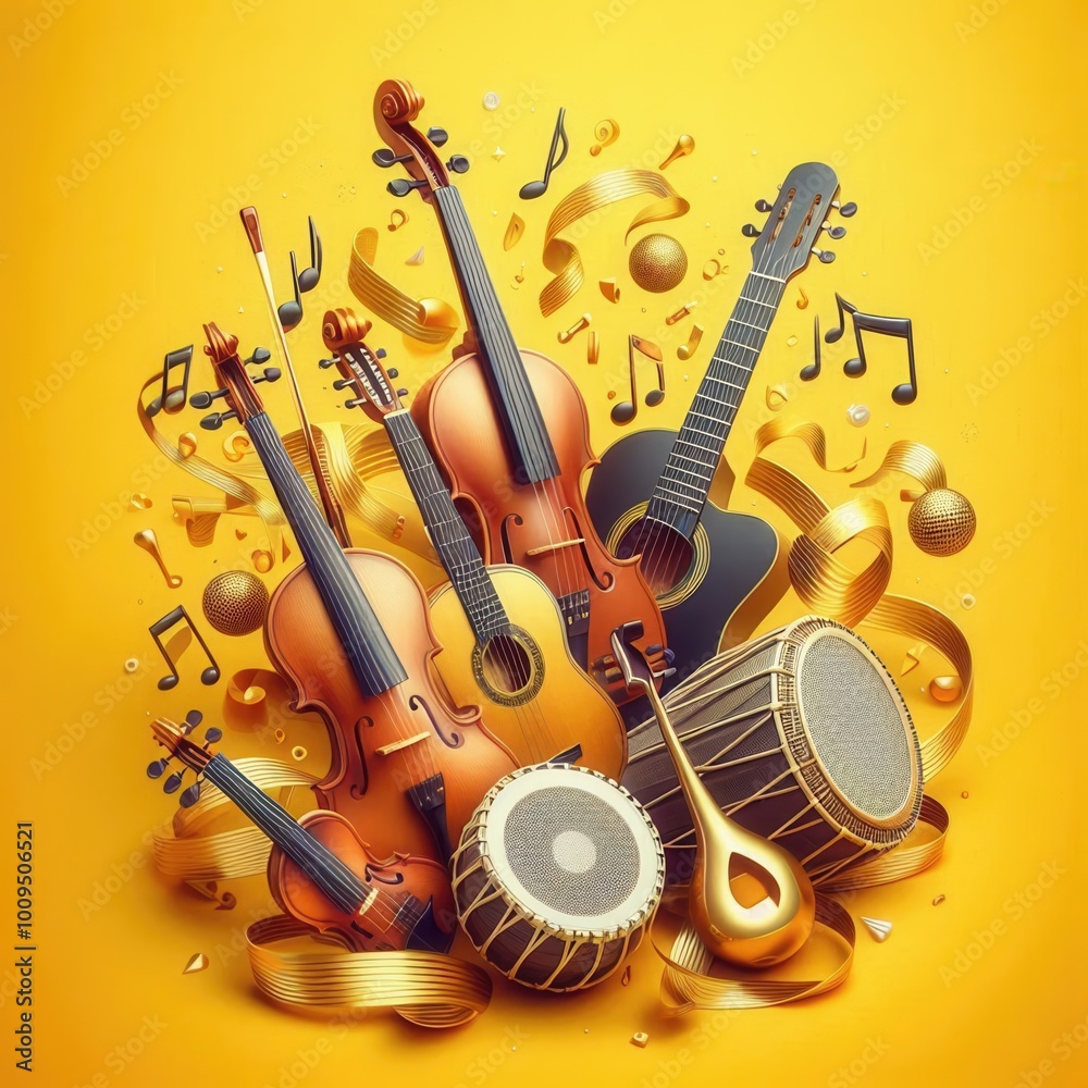 Naklejka premium Celebrate the harmony of music with a vibrant collection of instruments against a bright backdrop, perfect for music-related projects and promotional materials.