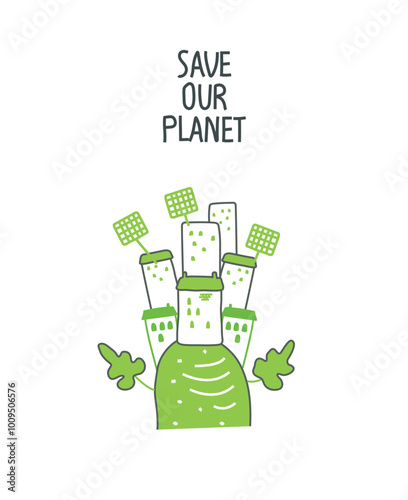 Vector hand drawn cartoon sketch of  green city with alternative energy resource, eco factory and green forest. Eco-friendly planet concept.