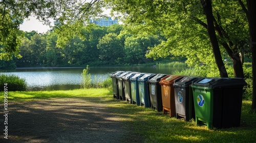 Recycling Bins in the Park by the Lake