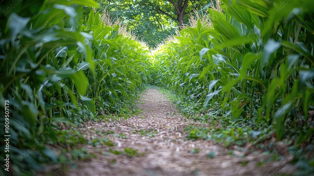 A tranquil pathway lined with lush green plants, perfect for a peaceful nature walk or outdoor exploration in a serene environment. A tranquil pathway lined with lush green plants, perfect for a peaceful nature walk or outdoor exploration in a serene environment.