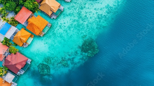 Aerial view of colorful beach huts by clear turquoise waters, showcasing vibrant coastal living and serene underwater scenery.