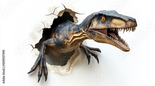 Fototapeta Naklejka Na Ścianę i Meble -  Three-dimensional illustration of a dinosaur breaking through a white wall