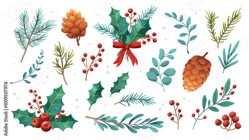 Botanical winter plants set. Christmas flowers, holly, berries, spruce and pine branches. Vector elements