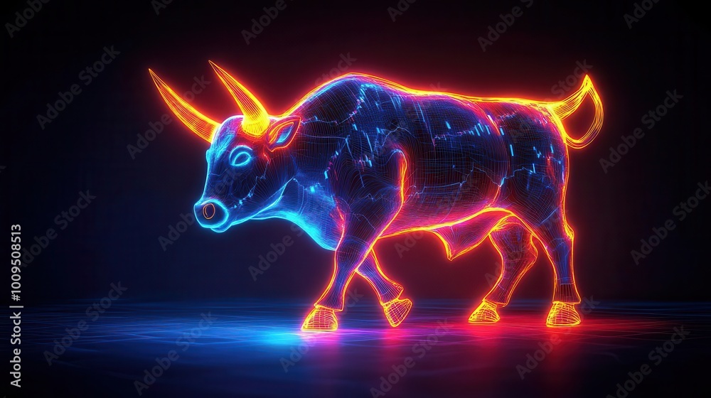 Fototapeta premium A vibrant neon bull illustration, merging technology with art in a captivating digital environment.