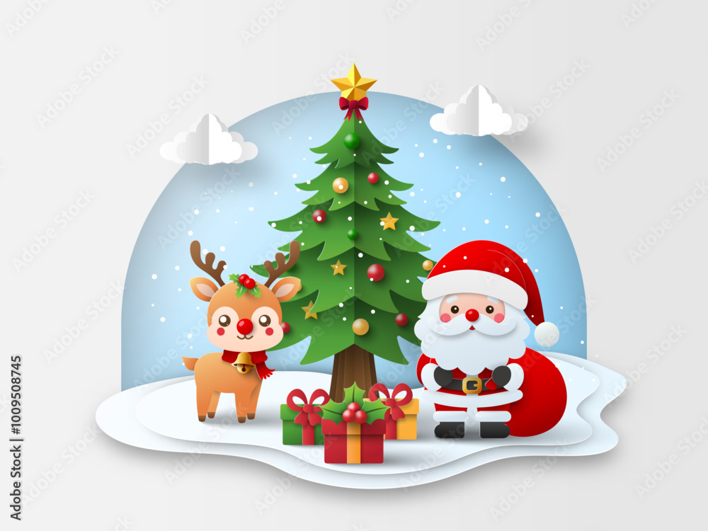 Merry Christmas and Happy New Year, Christmas banner postcard of Santa Claus and reindeer with Christmas tree and gift. Merry Christmas and Happy New Year, Christmas banner postcard of Santa Claus and reindeer with Christmas tree and gift.
