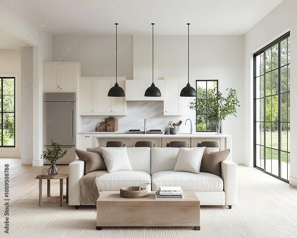 Fototapeta premium Living Room and Kitchen in New Luxury Home Features Open Concept Floor Plan