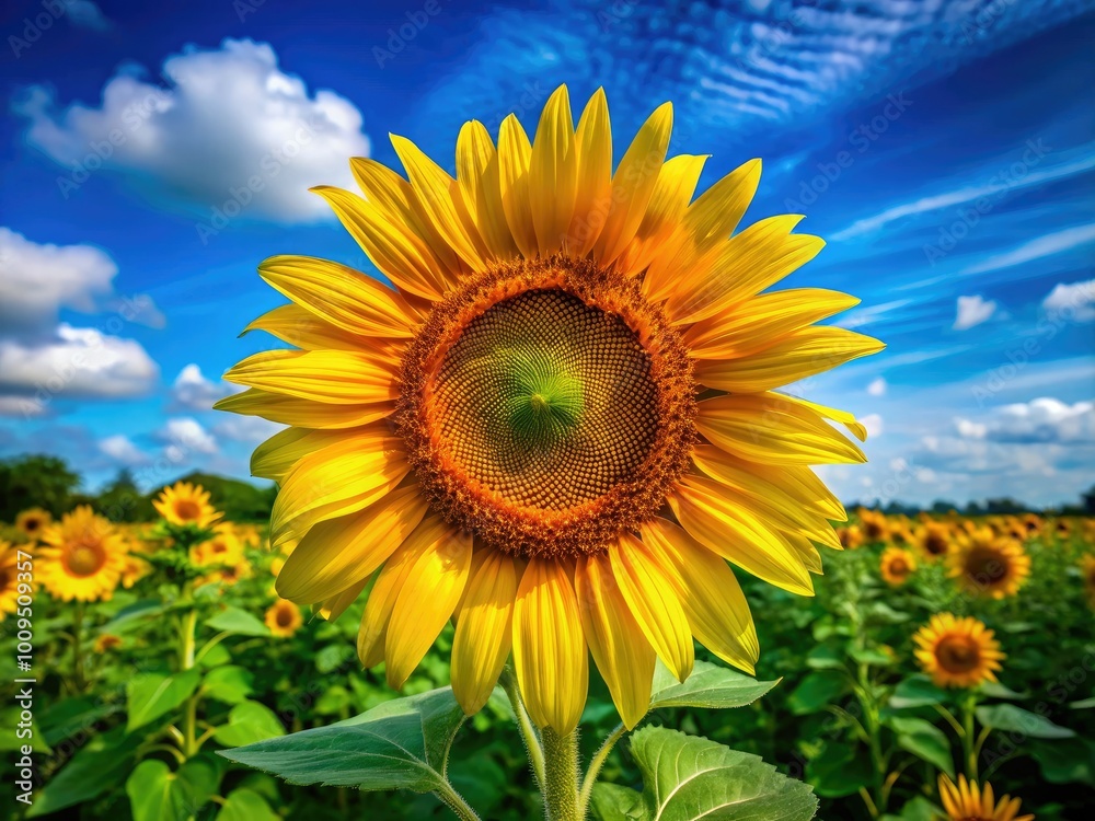 Bright blue sky serves as a backdrop for a vibrant sunflower, featuring a distinctive green center. Natural lighting accents the flower's lively colors beautifully. Bright blue sky serves as a backdrop for a vibrant sunflower, featuring a distinctive green center. Natural lighting accents the flower's lively colors beautifully.