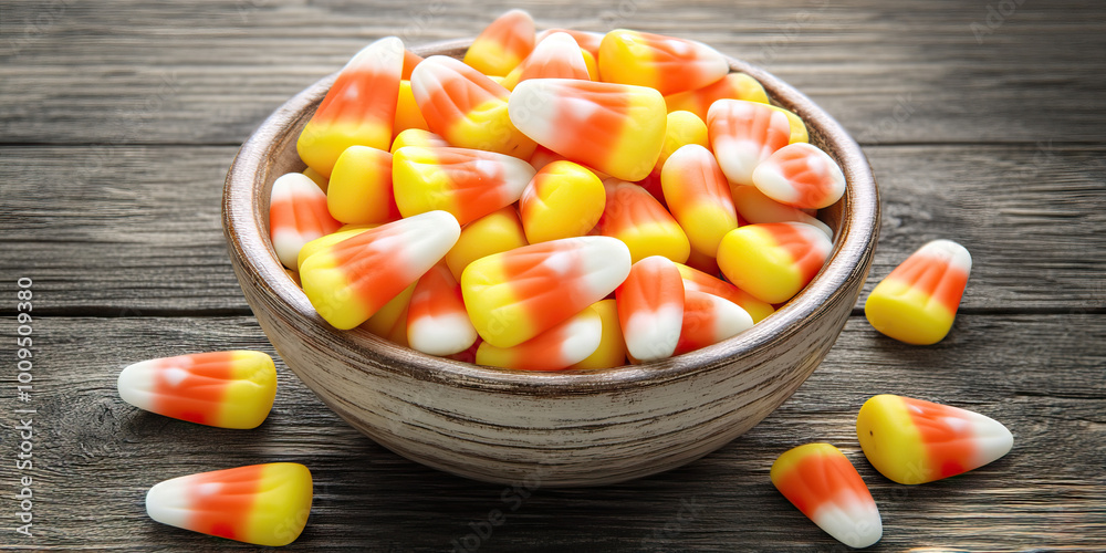 A bowl of candy corn spilling over on a rustic wooden table, accentuating the Halloween colors of orange, yellow, and white. A bowl of candy corn spilling over on a rustic wooden table, accentuating the Halloween colors of orange, yellow, and white.