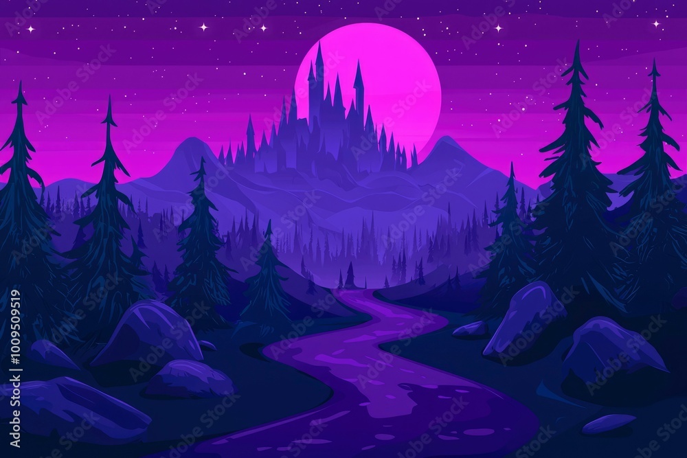 Naklejka premium A Mystical Castle Silhouetted Against a Purple Moon and Starry Sky