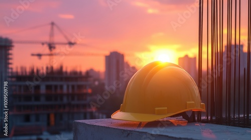 Wallpaper Mural Yellow hard hat on concrete block at construction site during sunset Torontodigital.ca