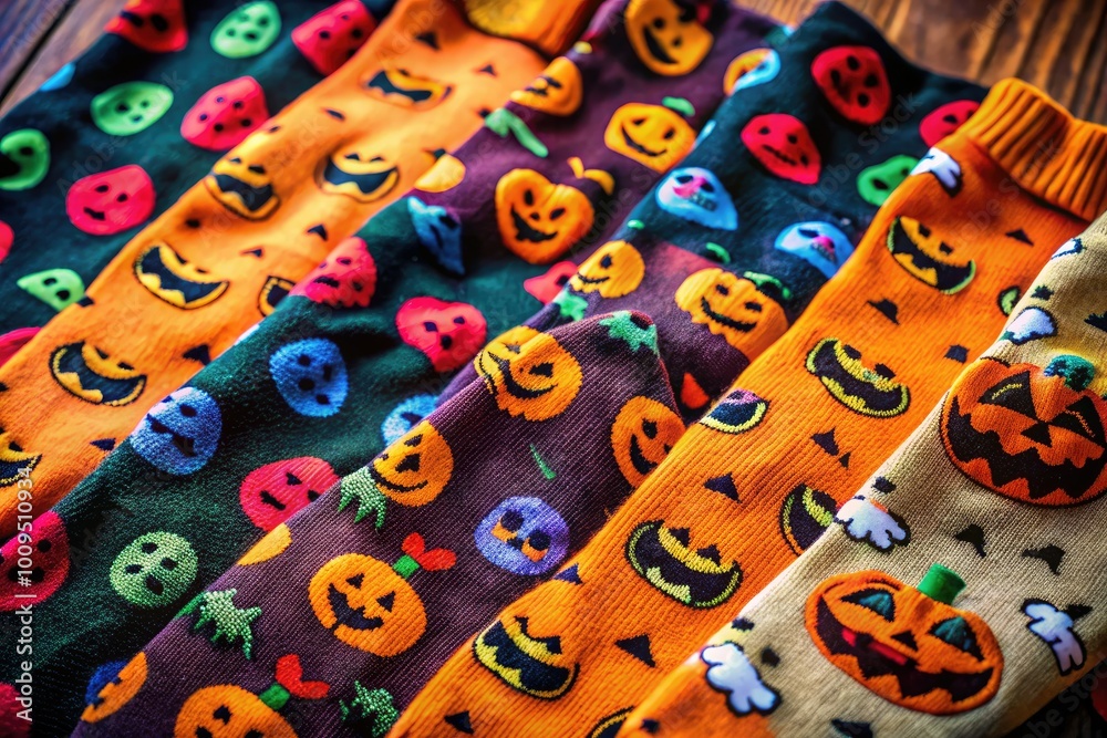 Fototapeta premium Bright Halloween sock illustrations featuring spooky motifs and fun styles, ideal for enhancing seasonal crafts and festive decorations during the Halloween season.