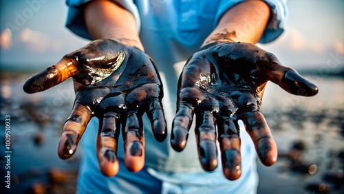 A person stands with hands spread wide open, revealing them coated in black oil, likely from recent work at an offshore drilling location, with a scenic ocean backdrop photo