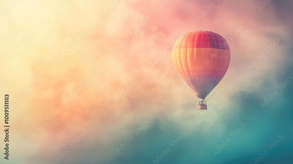 Obraz premium A vibrant hot air balloon drifting through colorful clouds, creating a dreamy and serene atmosphere in the sky.