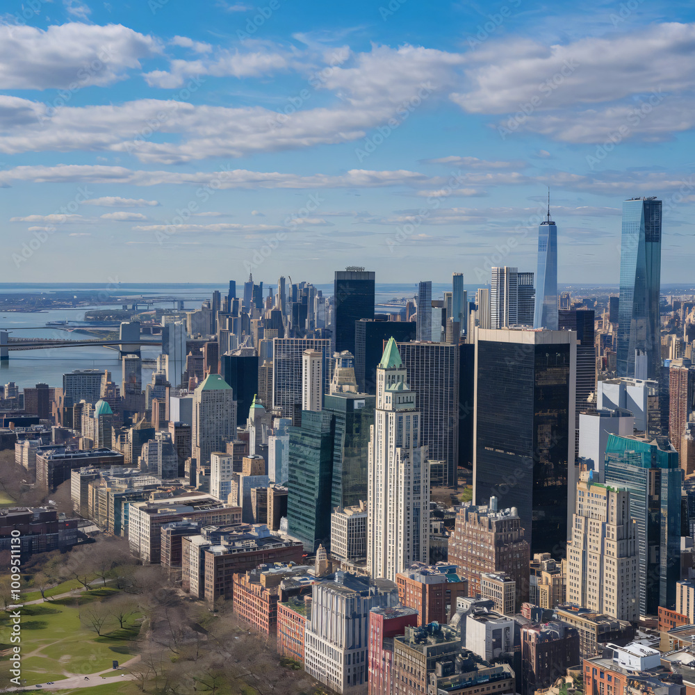 Obraz premium Aerial view of Manhattan skyline with numerous skyscrapers under a blue sky with scattered clouds.
