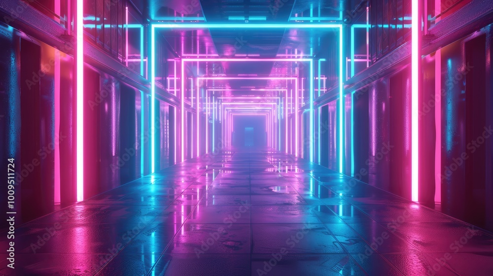 A futuristic hallway illuminated by vibrant neon lights in pink and blue bacground space, creating a sleek and glowing atmosphere.