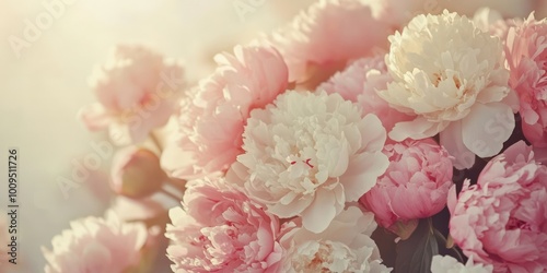 Close-up of pink and white peonies with soft lighting.