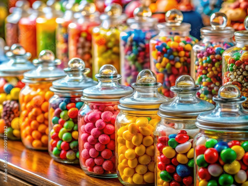 Brightly colored old-fashioned candy jars overflowing with treats provide a charming touch, perfect for nostalgic decor and events that reminisce about delightful times gone by. Brightly colored old-fashioned candy jars overflowing with treats provide a charming touch, perfect for nostalgic decor and events that reminisce about delightful times gone by.