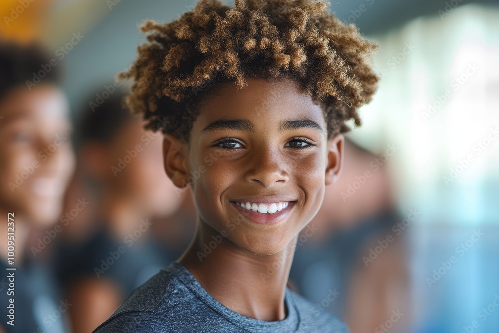 Boy smiling during physical training class in high school, Generative AI Boy smiling during physical training class in high school, Generative AI