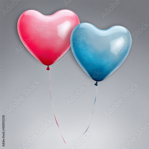 A watercolor Heart-shaped balloons with an aquarelle paper texture on white background for text design, label, card.