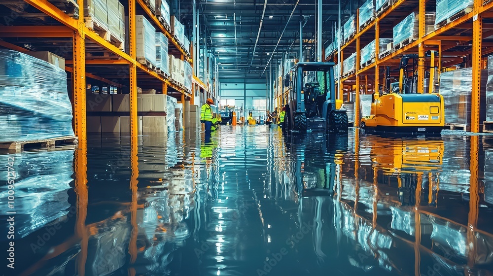 A view of a modern warehouse with reflections on the floor, showcasing equipment and organized storage areas. A view of a modern warehouse with reflections on the floor, showcasing equipment and organized storage areas.