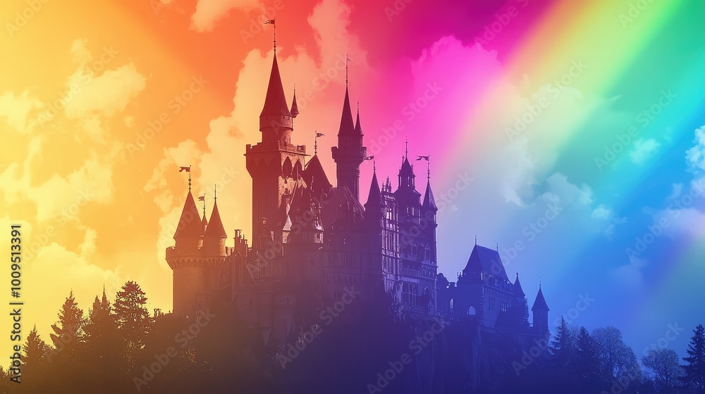 A whimsical castle silhouette against a vibrant rainbow backdrop, creating a magical and enchanting atmosphere. A whimsical castle silhouette against a vibrant rainbow backdrop, creating a magical and enchanting atmosphere.