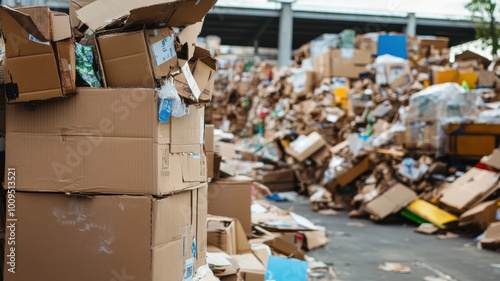 A pile of cardboard boxes and trash on the ground photo