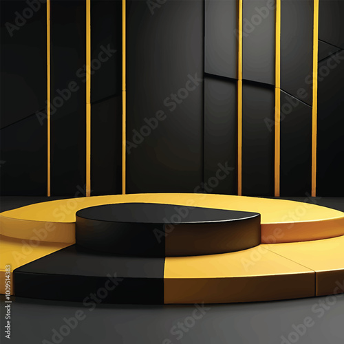 Black and yellow podium Dark background, 3d rendering product podium studio