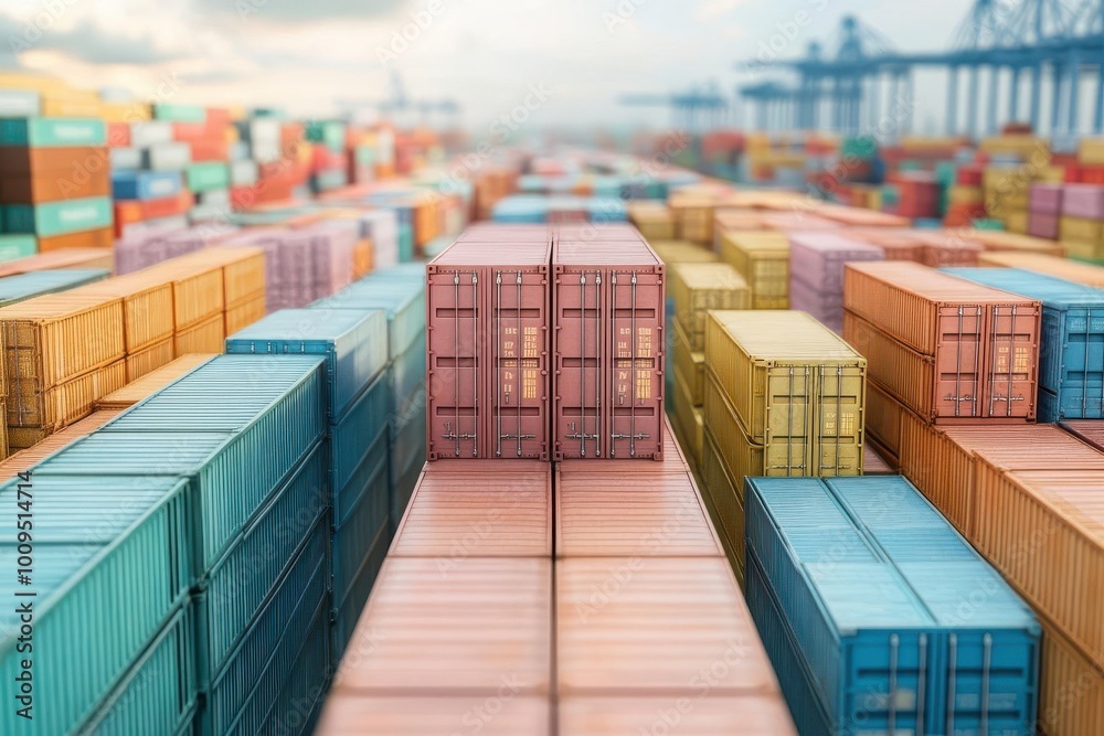 Fototapeta premium A vibrant scene of colorful shipping containers stacked in a port, showcasing global trade and logistics in action.