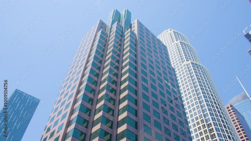Tilt down shot of a modern skyscraper with a unique geometric design, featuring a combination of glass and concrete. A building with zigzag pattern on facade. Center of Los Angeles on a sunny day. Tilt down shot of a modern skyscraper with a unique geometric design, featuring a combination of glass and concrete. A building with zigzag pattern on facade. Center of Los Angeles on a sunny day.