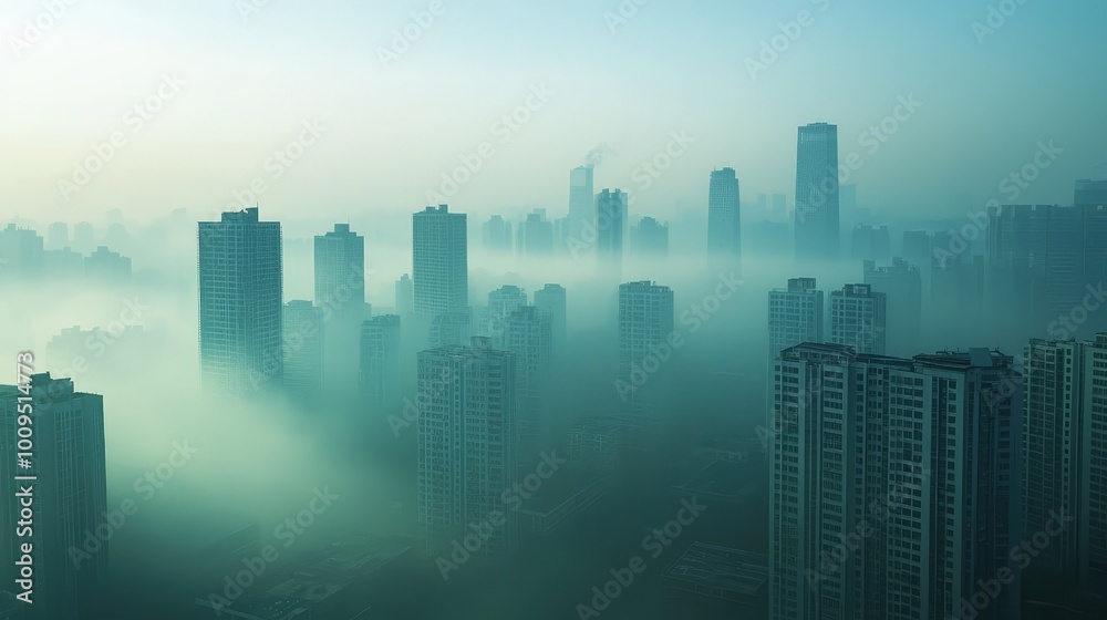 Aerial view of a city skyline enveloped in mist, creating a serene and mysterious atmosphere in the early morning light. Aerial view of a city skyline enveloped in mist, creating a serene and mysterious atmosphere in the early morning light.