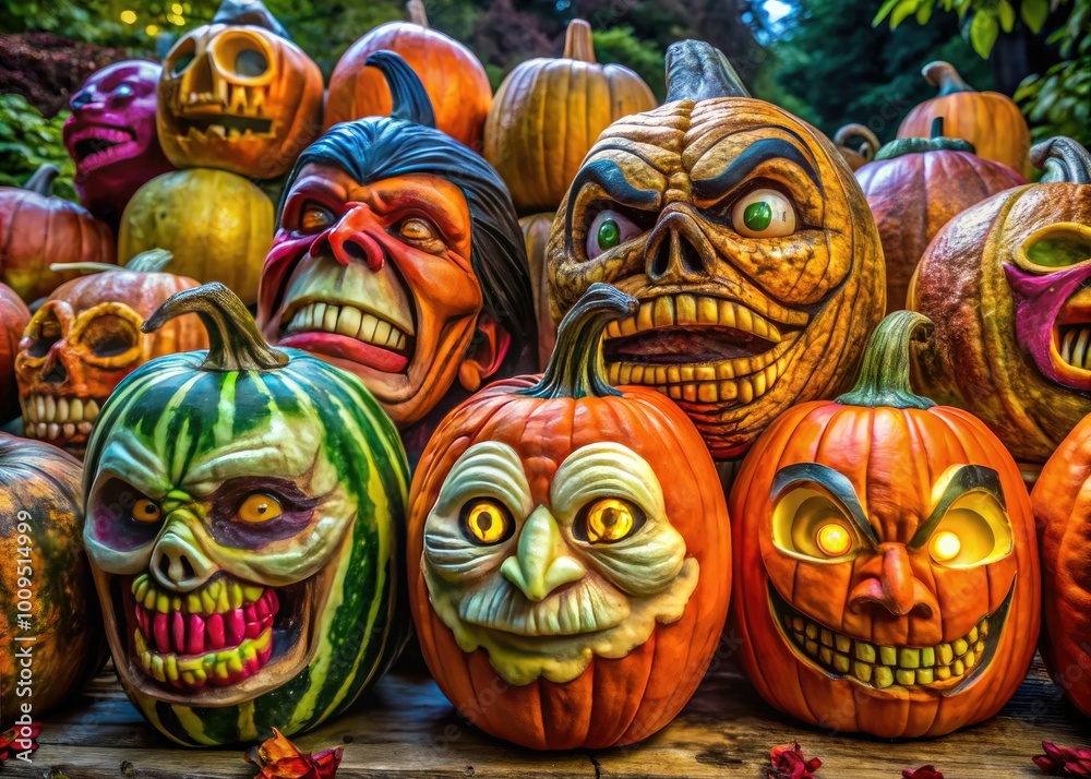 Fototapeta premium Bring Halloween to life by decorating pumpkins with fun, scary faces, creating vibrant autumn decor that enhances your festive spirit and delights all ages.