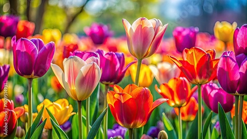 Brilliant tulips bloom, embodying the spirit of spring with their vibrant colors, a stunning tribute to nature's beauty and the exuberance of the season.