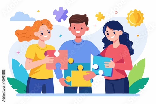 People connect puzzles, cartoon happy young team of characters connecting puzzle pieces together stock illustration photo