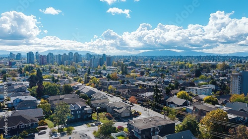 Aerial view of a vibrant city skyline with residential neighborhoods and mountains in the background under a clear blue sky. photo