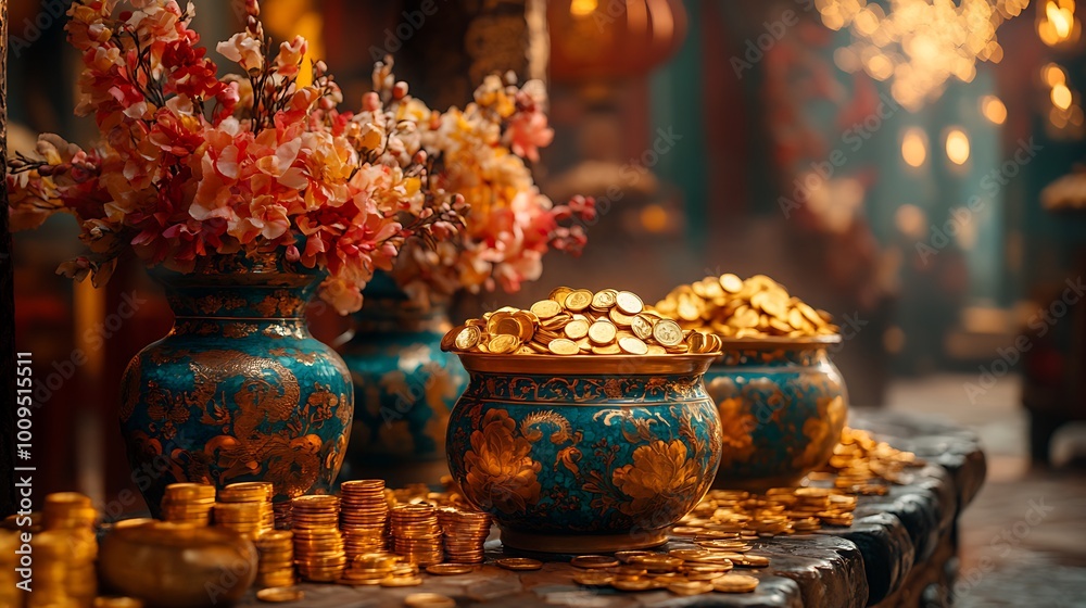 Golden coins in ornate blue and gold vases with pink and orange flowers on a wooden table, in a traditional setting. Golden coins in ornate blue and gold vases with pink and orange flowers on a wooden table, in a traditional setting.