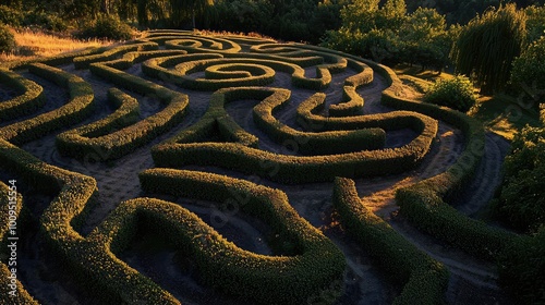 Aerial view of an intricate maze surrounded by lush greenery, showcasing winding paths and interesting patterns in the landscape.