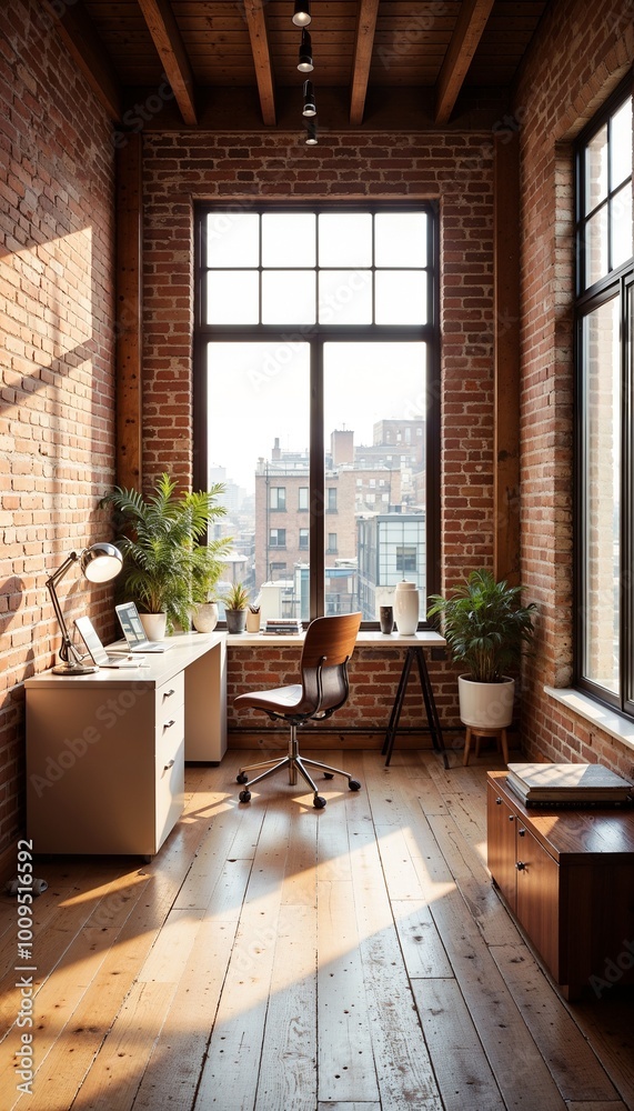 Cozy home office with wooden accents and sunlight streaming through large windows Cozy home office with wooden accents and sunlight streaming through large windows