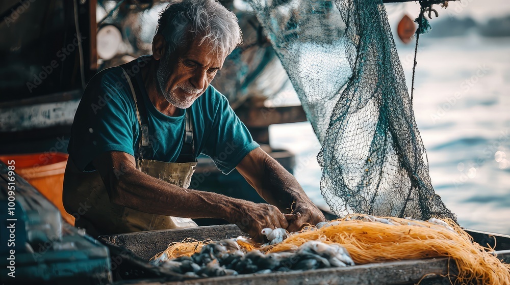 Fototapeta premium An elderly fisherman skillfully prepares his catch, surrounded by nets and the tranquil waters, showcasing a timeless fishing tradition.