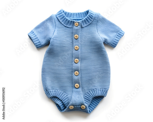 A cute blue baby romper with short sleeves and wooden buttons, isolated on a white background, showcasing a soft and cozy design for infants photo